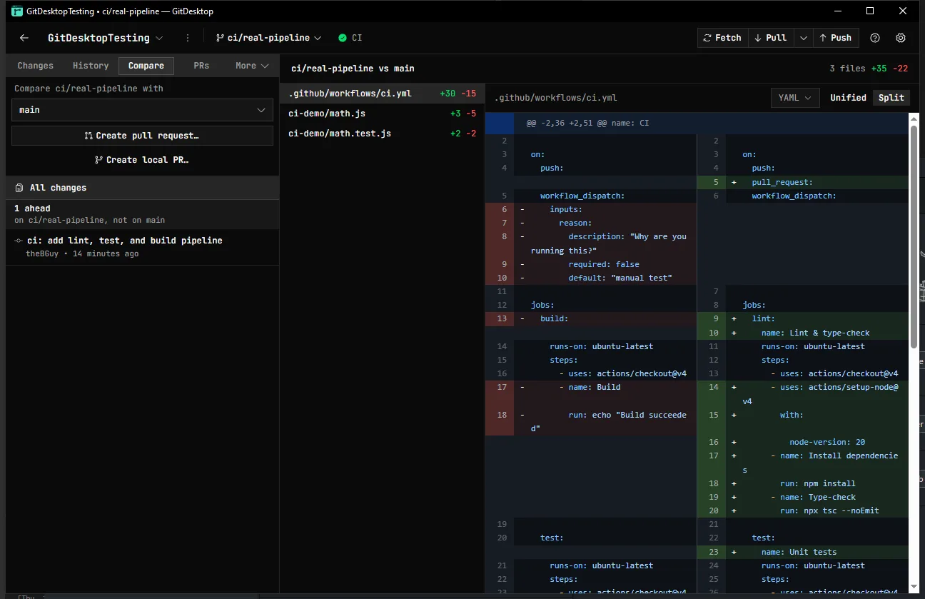 Comparing a feature branch against main: ahead/behind counts, the changed files, and a diff