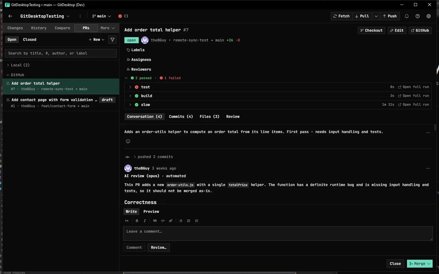 A GitHub pull request in GitDesktop: CI checks with per-job status, an automated AI review, and the merge action — none of which GitHub Desktop shows in-app